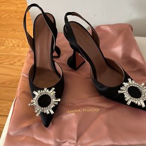 AMINA MUADDI- Begum Swarovski crystal-embellished satin slingback pumps, Size 38